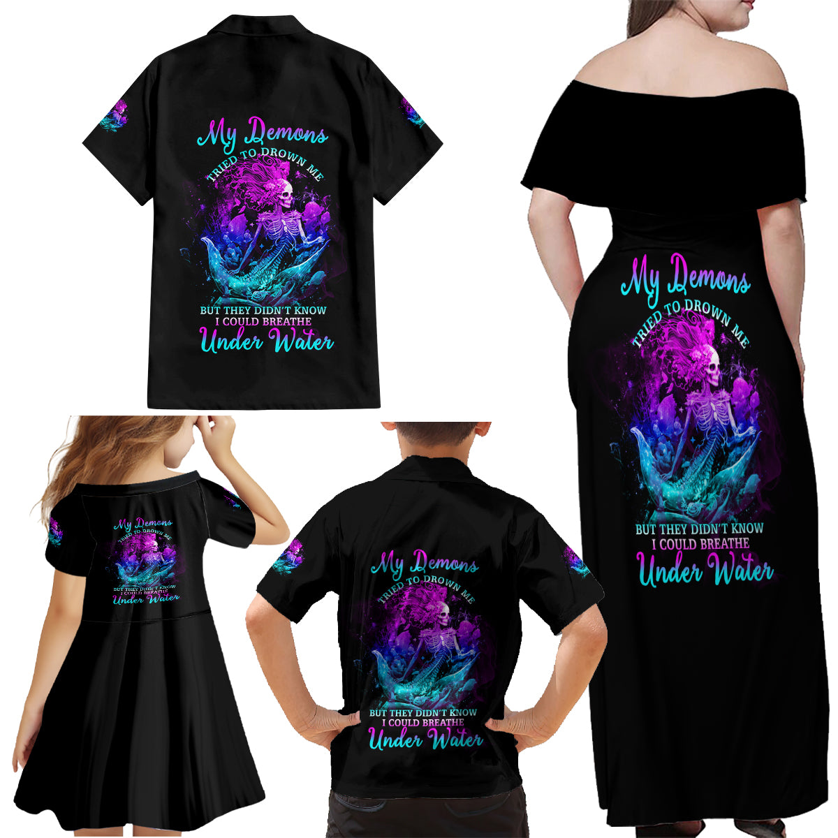 My Demons Tried To Drown Me Mermaid Family Matching Off Shoulder Maxi Dress and Hawaiian Shirt - Wonder Print Shop