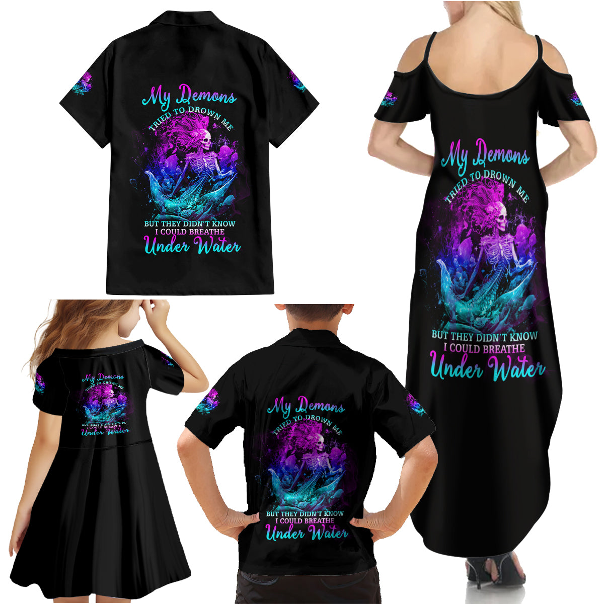 My Demons Tried To Drown Me Mermaid Family Matching Summer Maxi Dress and Hawaiian Shirt - Wonder Print Shop