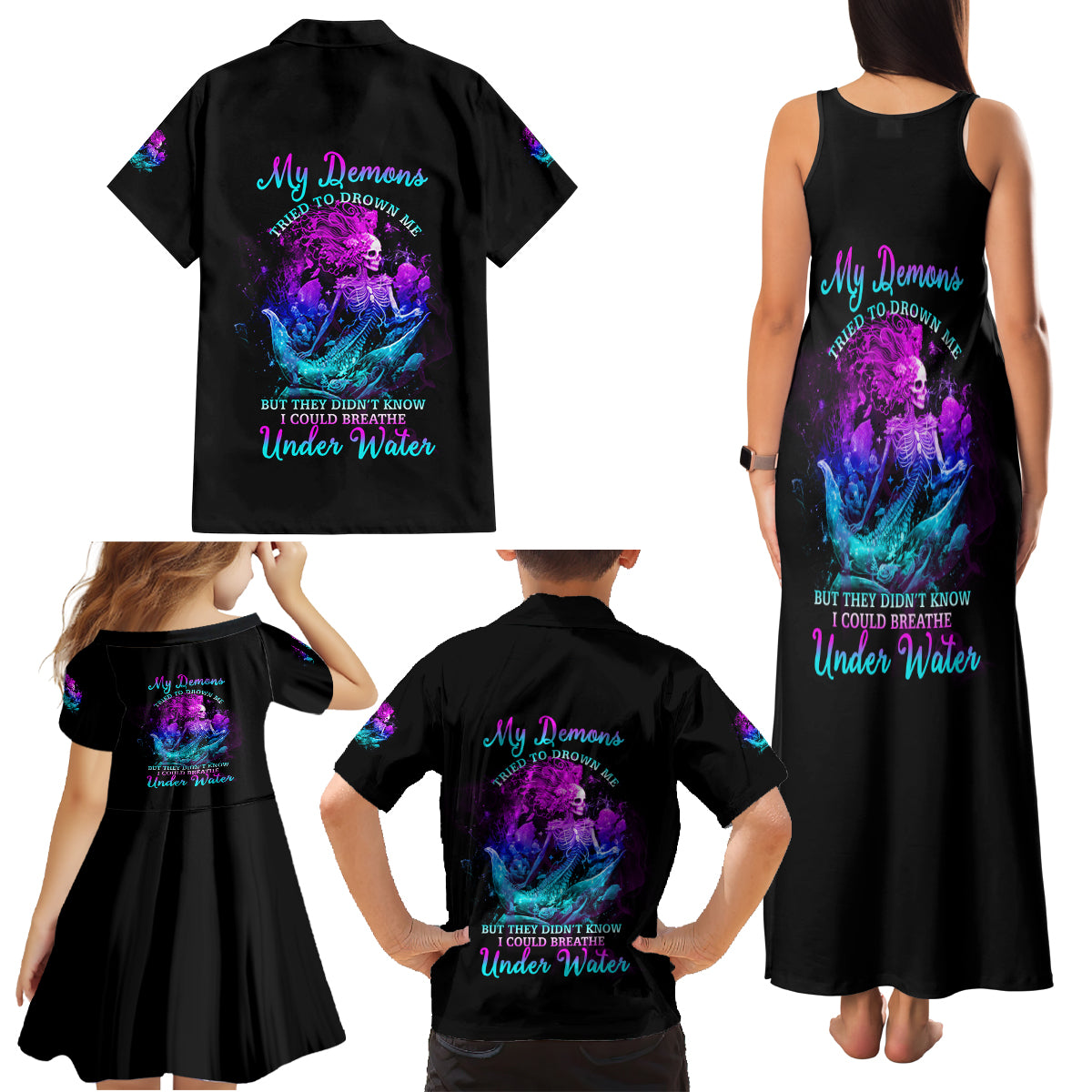 My Demons Tried To Drown Me Mermaid Family Matching Tank Maxi Dress and Hawaiian Shirt - Wonder Print Shop