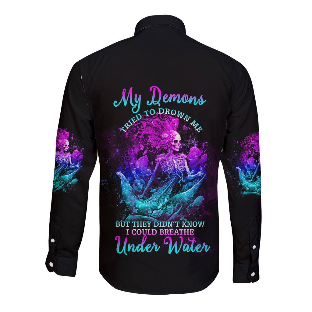 My Demons Tried To Drown Me Mermaid Long Sleeve Button Shirt - Wonder Print Shop