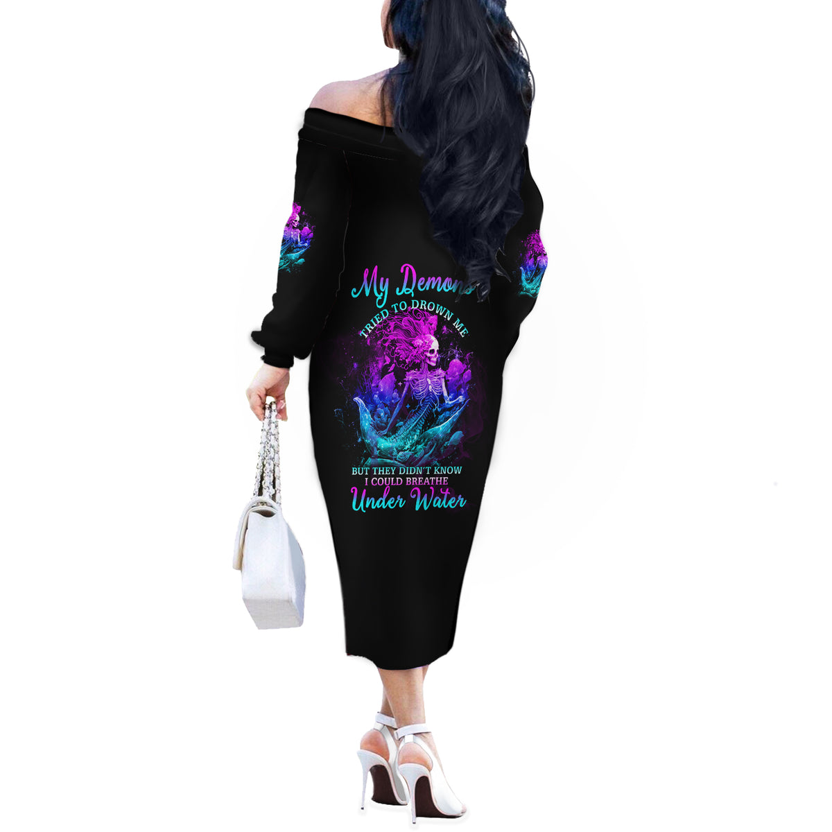My Demons Tried To Drown Me Mermaid Off The Shoulder Long Sleeve Dress - Wonder Print Shop