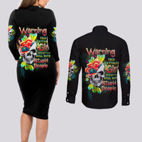 Warning This Tattooed Girl Flower Couples Matching Long Sleeve Bodycon Dress and Long Sleeve Button Shirt - Wonder Print Shop