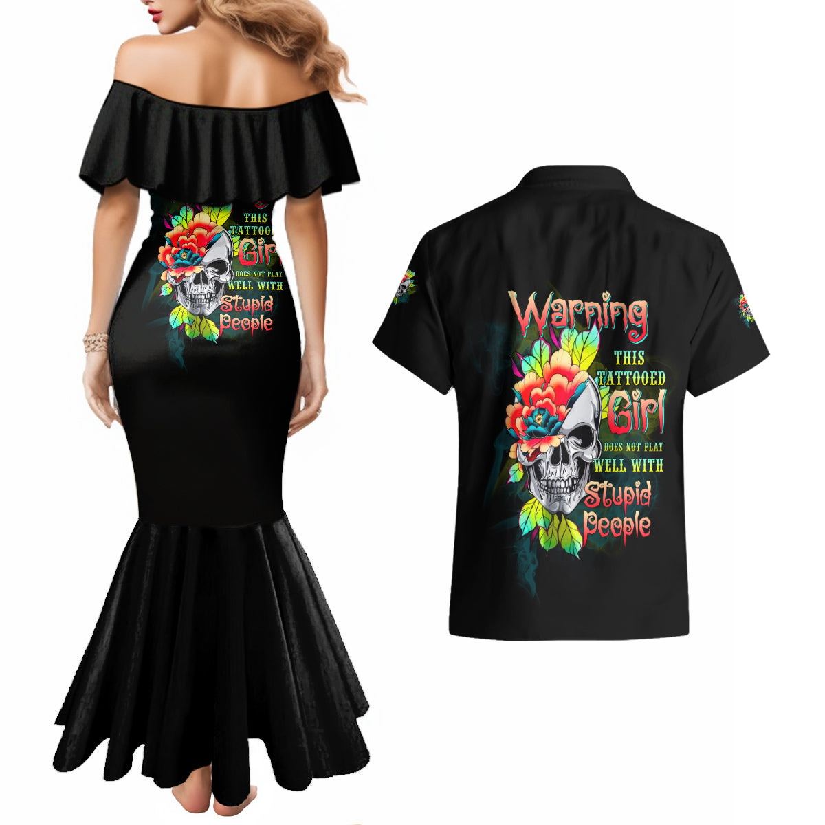 Warning This Tattooed Girl Flower Couples Matching Mermaid Dress and Hawaiian Shirt - Wonder Print Shop