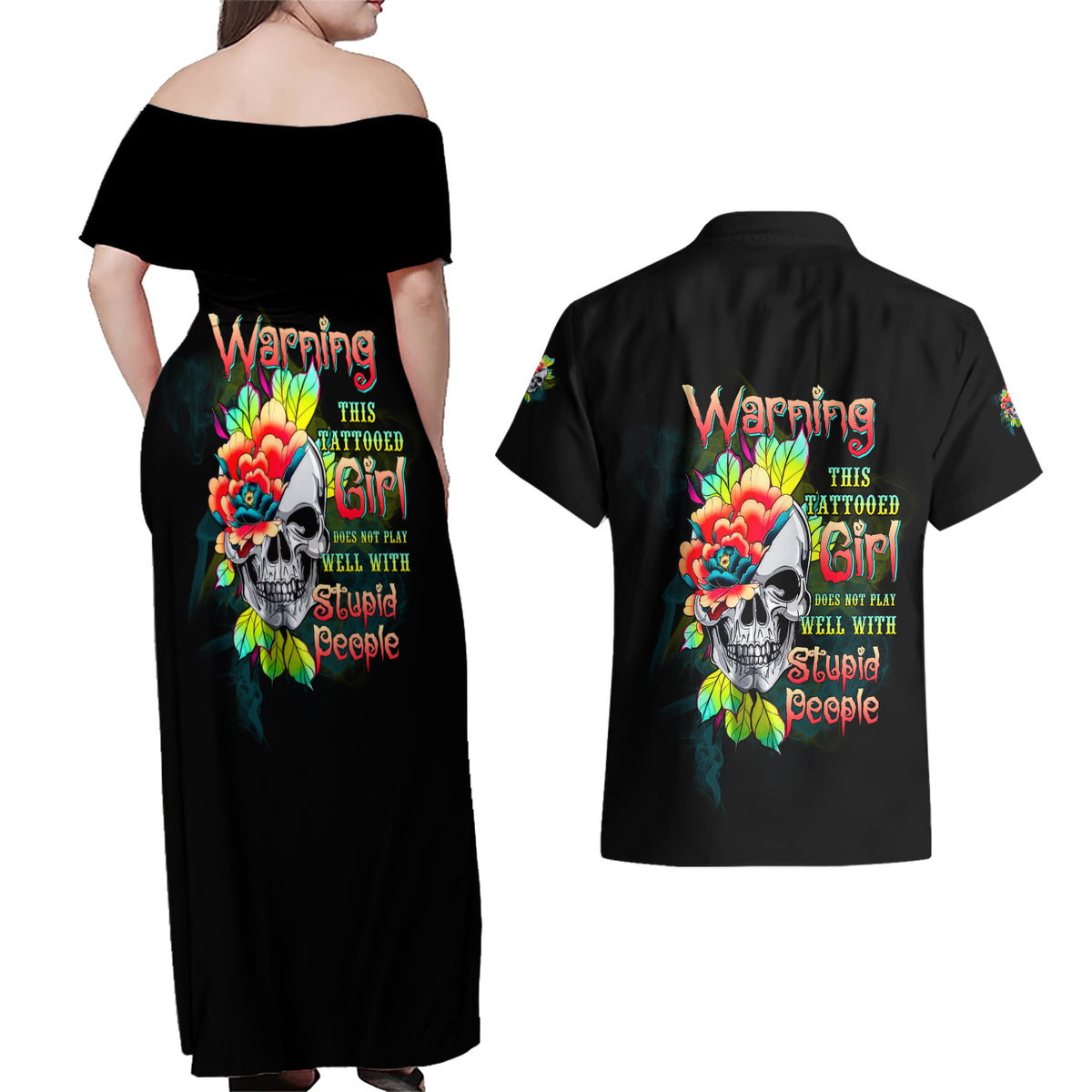 Warning This Tattooed Girl Flower Couples Matching Off Shoulder Maxi Dress and Hawaiian Shirt - Wonder Print Shop