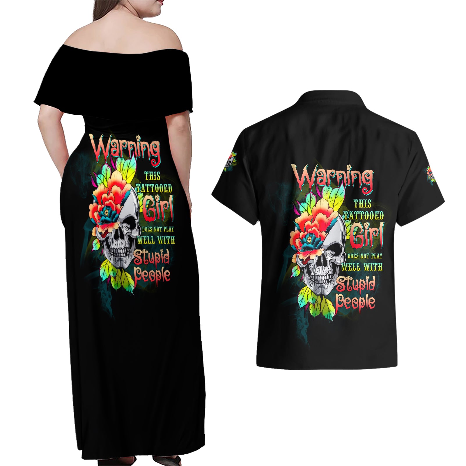 Warning This Tattooed Girl Flower Couples Matching Off Shoulder Maxi Dress and Hawaiian Shirt - Wonder Print Shop