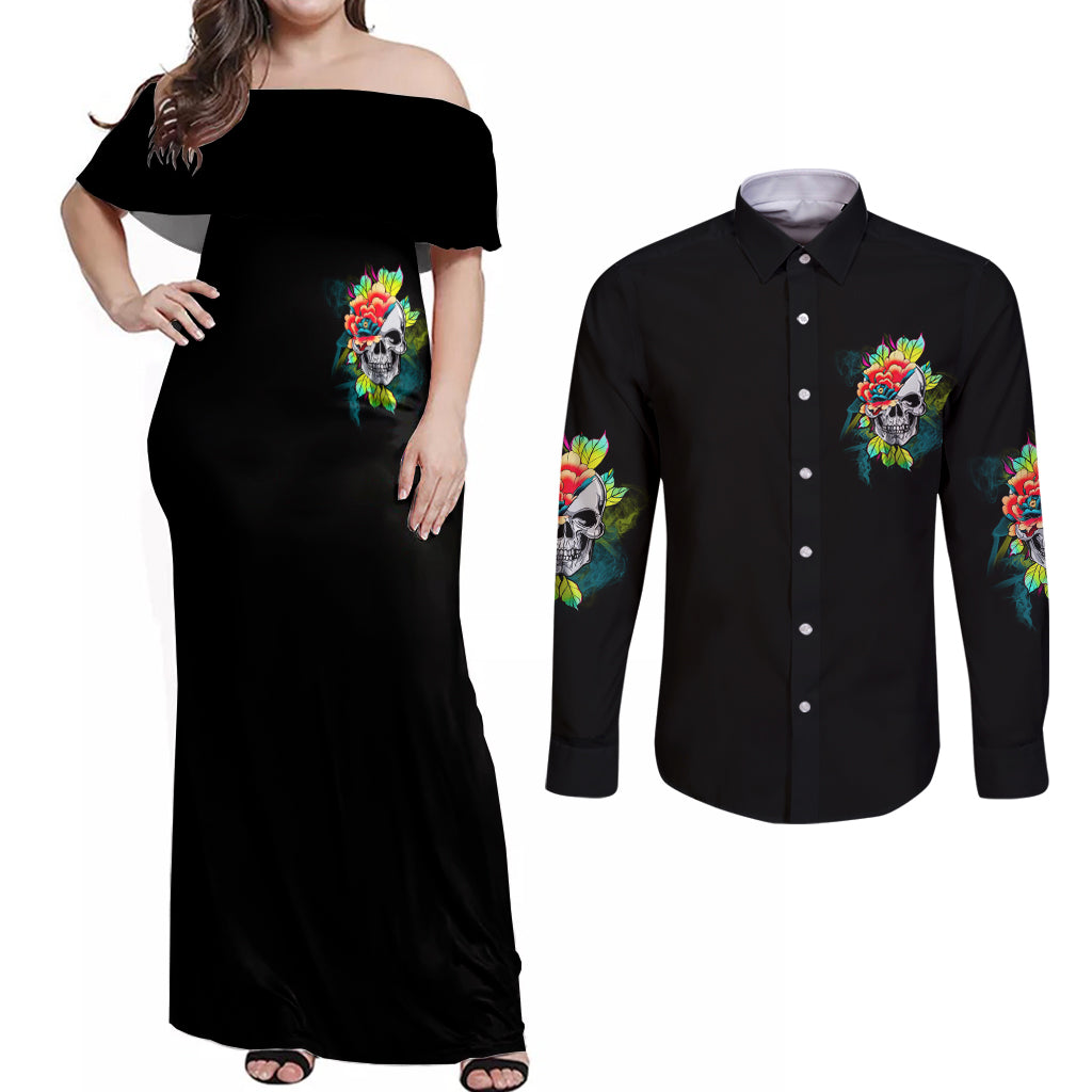 Warning This Tattooed Girl Flower Couples Matching Off Shoulder Maxi Dress and Long Sleeve Button Shirt - Wonder Print Shop