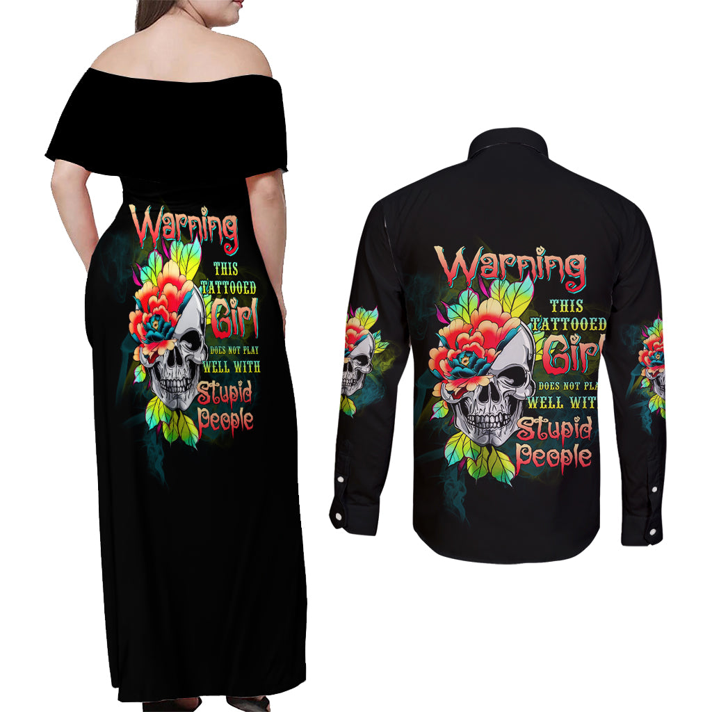 Warning This Tattooed Girl Flower Couples Matching Off Shoulder Maxi Dress and Long Sleeve Button Shirt - Wonder Print Shop