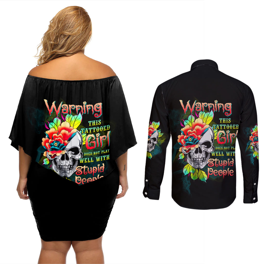 Warning This Tattooed Girl Flower Couples Matching Off Shoulder Short Dress and Long Sleeve Button Shirt - Wonder Print Shop