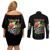 Warning This Tattooed Girl Flower Couples Matching Off Shoulder Short Dress and Long Sleeve Button Shirt - Wonder Print Shop