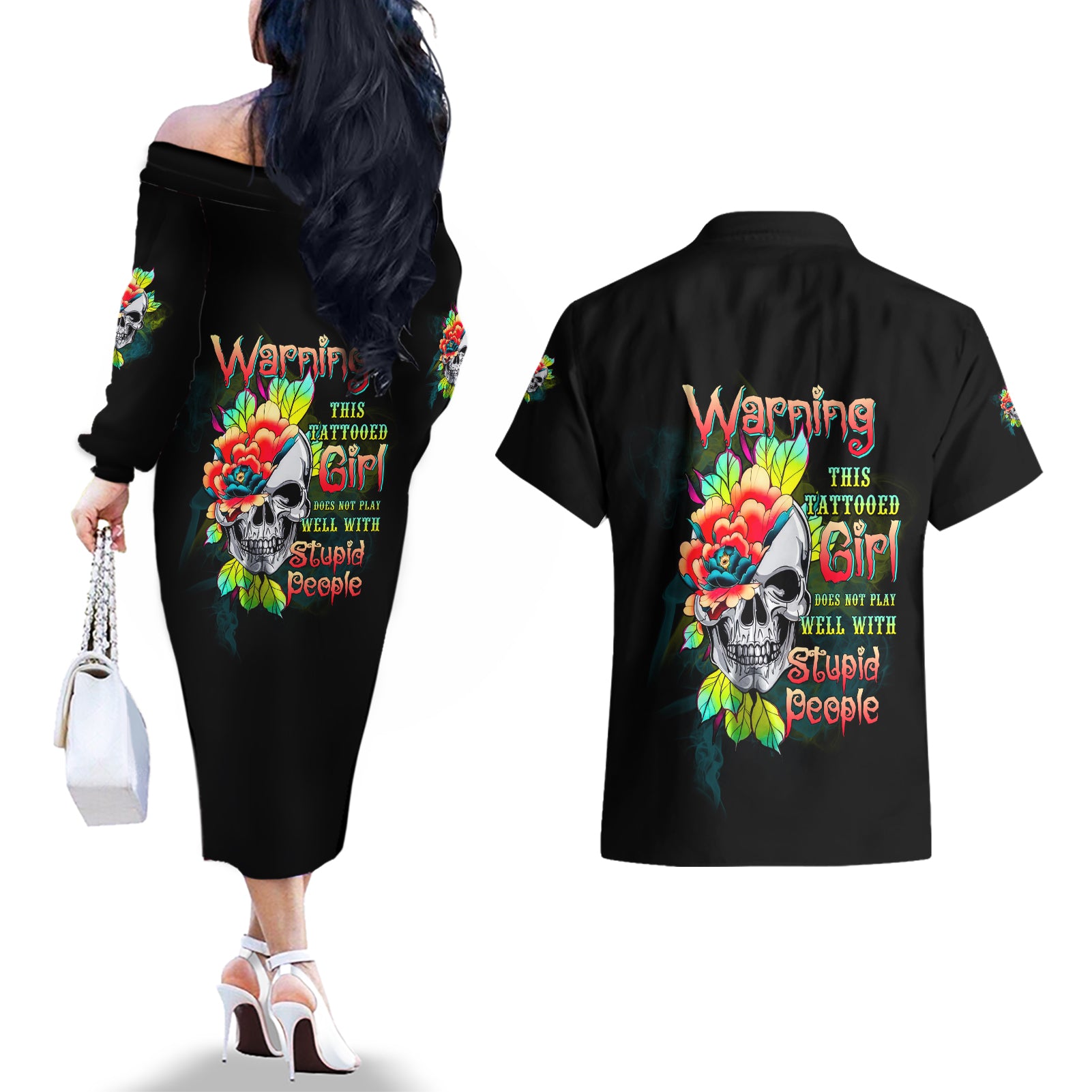 Warning This Tattooed Girl Flower Couples Matching Off The Shoulder Long Sleeve Dress and Hawaiian Shirt - Wonder Print Shop