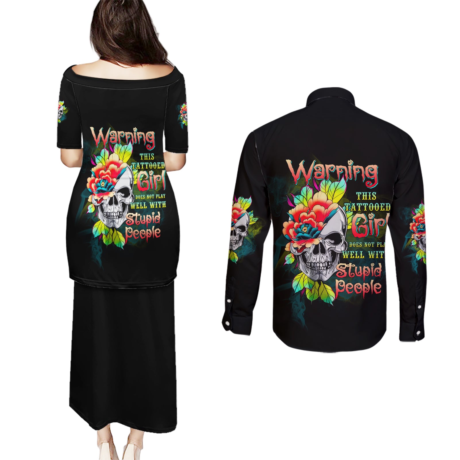 Warning This Tattooed Girl Flower Couples Matching Puletasi Dress and Long Sleeve Button Shirt - Wonder Print Shop