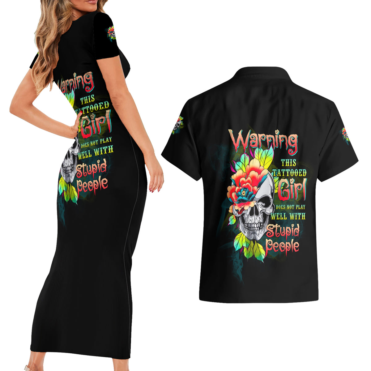 Warning This Tattooed Girl Flower Couples Matching Short Sleeve Bodycon Dress and Hawaiian Shirt - Wonder Print Shop