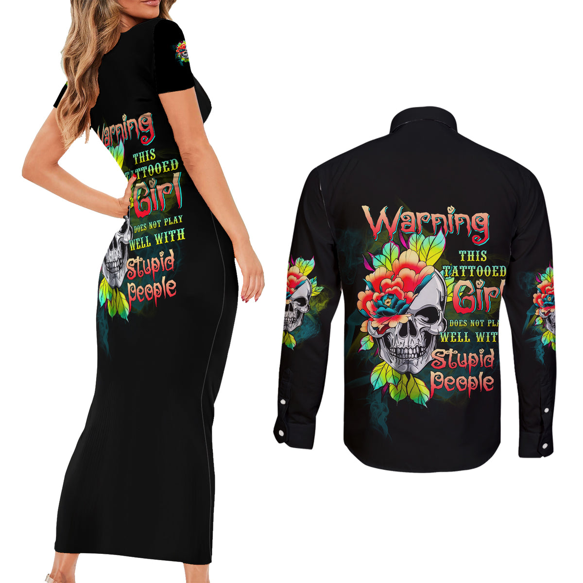Warning This Tattooed Girl Flower Couples Matching Short Sleeve Bodycon Dress and Long Sleeve Button Shirt - Wonder Print Shop