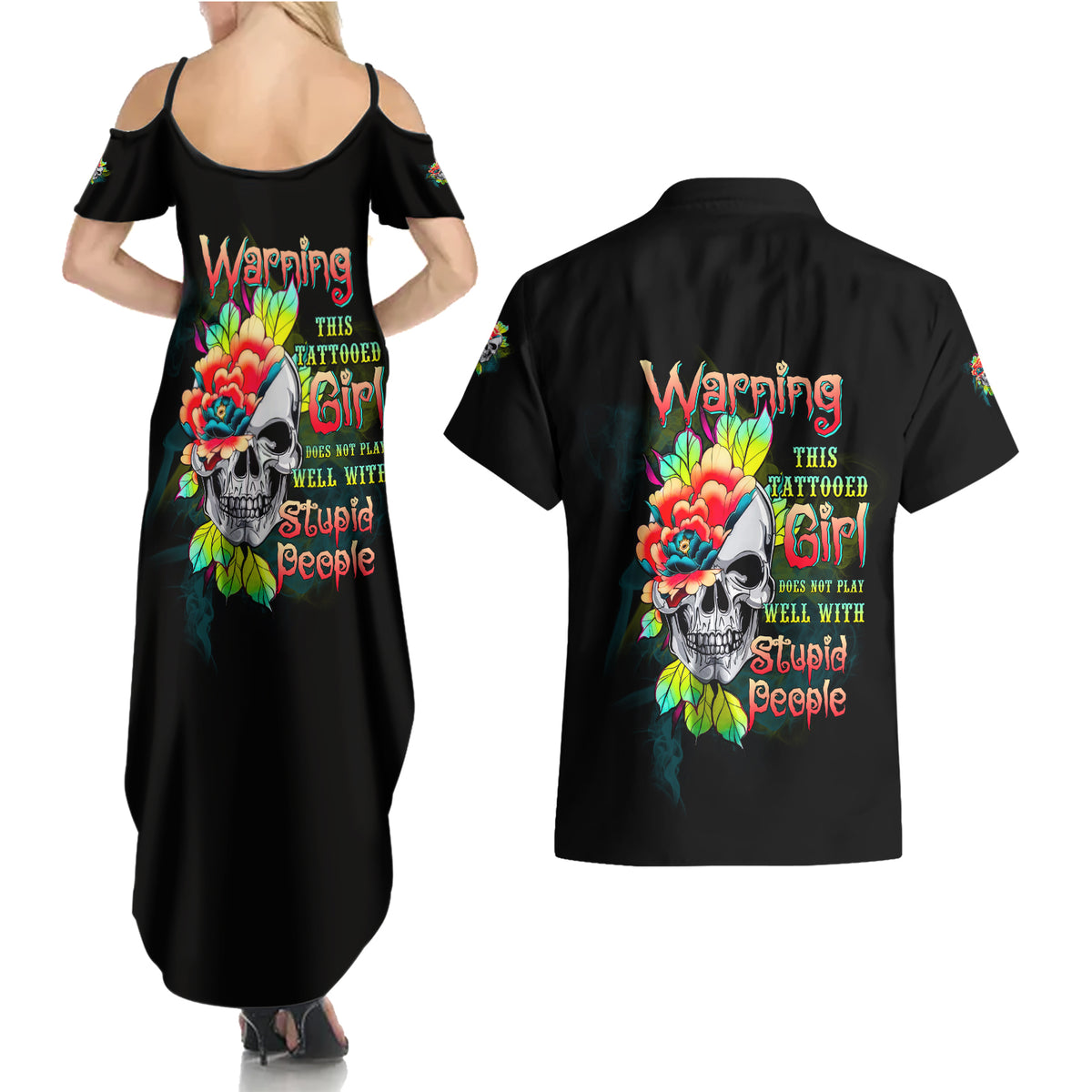 Warning This Tattooed Girl Flower Couples Matching Summer Maxi Dress and Hawaiian Shirt - Wonder Print Shop