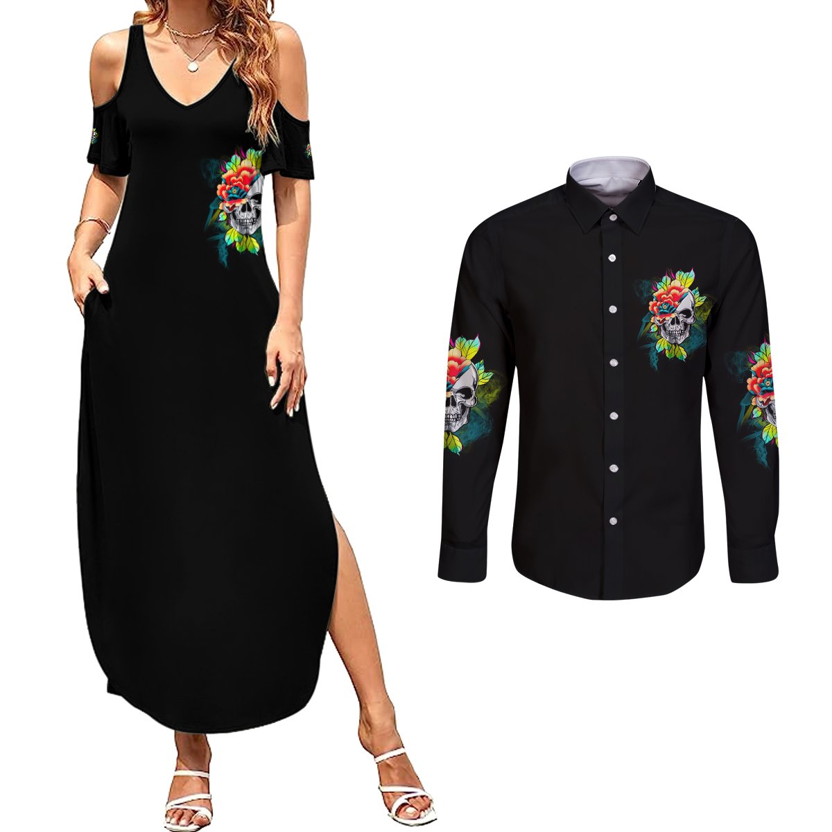 Warning This Tattooed Girl Flower Couples Matching Summer Maxi Dress and Long Sleeve Button Shirt - Wonder Print Shop
