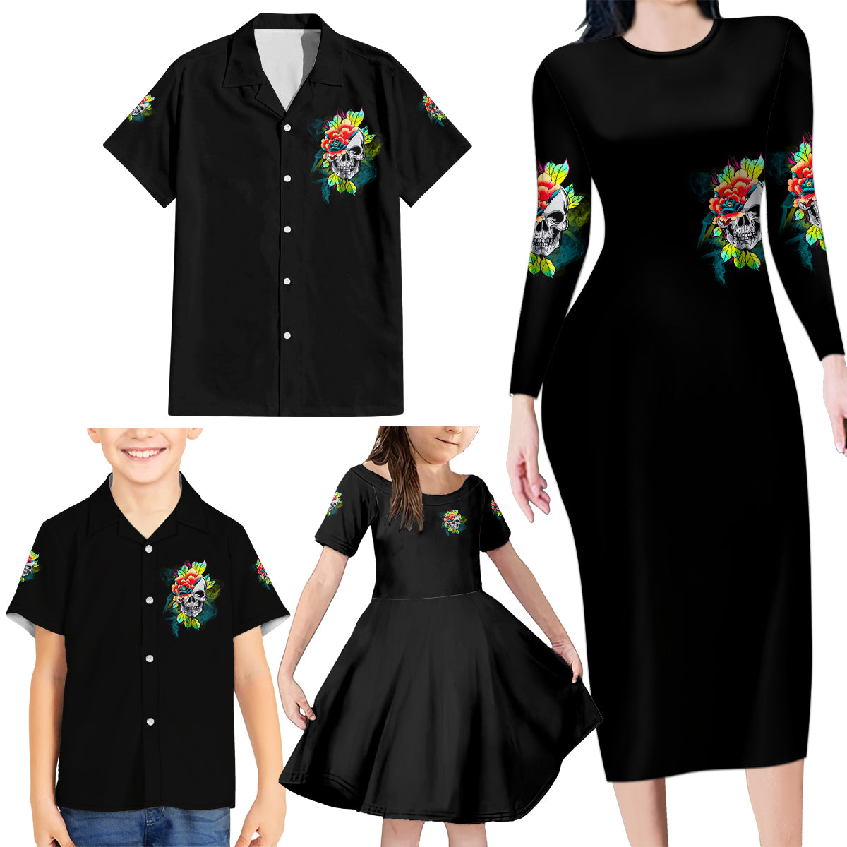 Warning This Tattooed Girl Flower Family Matching Long Sleeve Bodycon Dress and Hawaiian Shirt - Wonder Print Shop