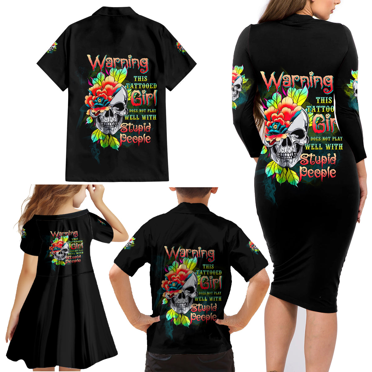 Warning This Tattooed Girl Flower Family Matching Long Sleeve Bodycon Dress and Hawaiian Shirt - Wonder Print Shop