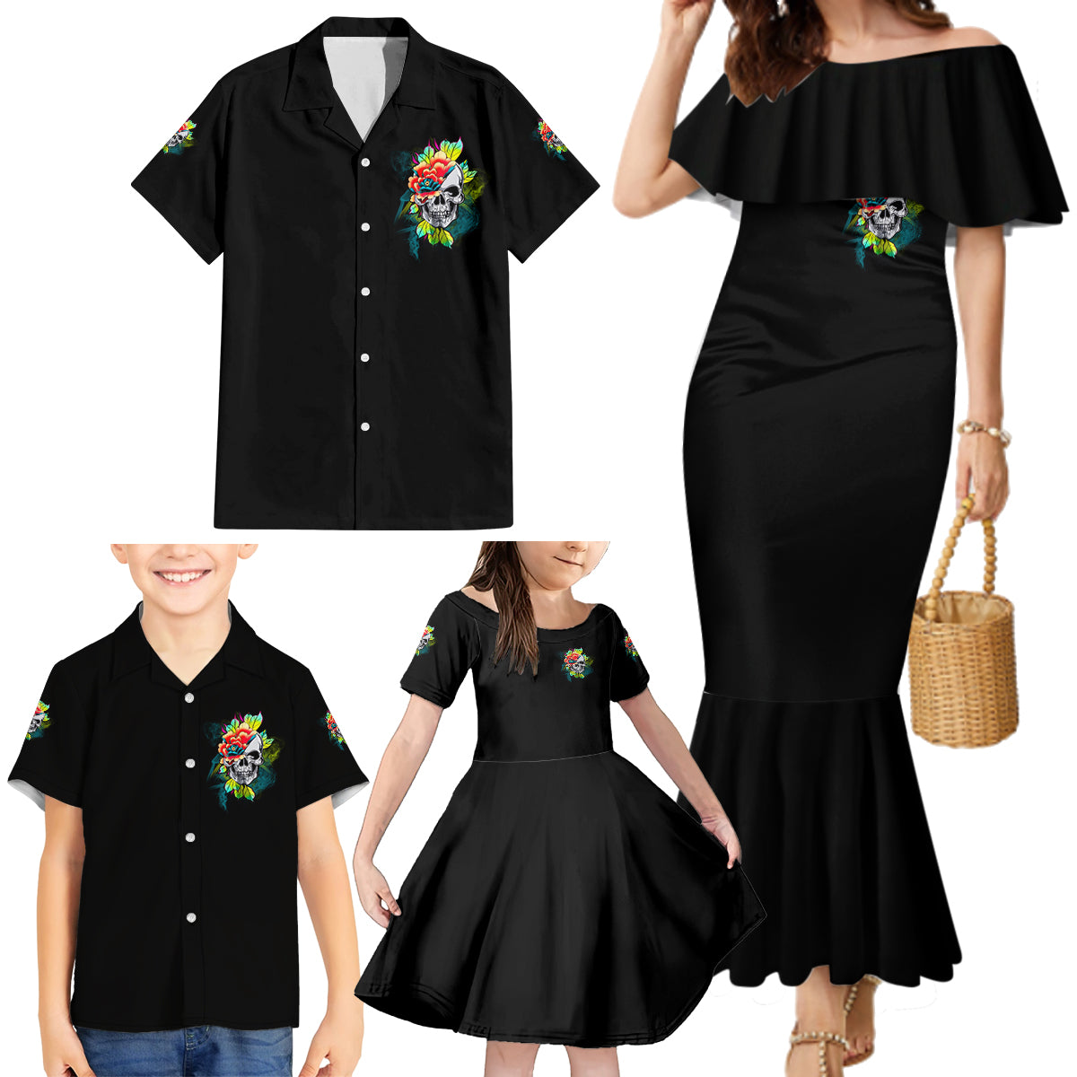 Warning This Tattooed Girl Flower Family Matching Mermaid Dress and Hawaiian Shirt - Wonder Print Shop
