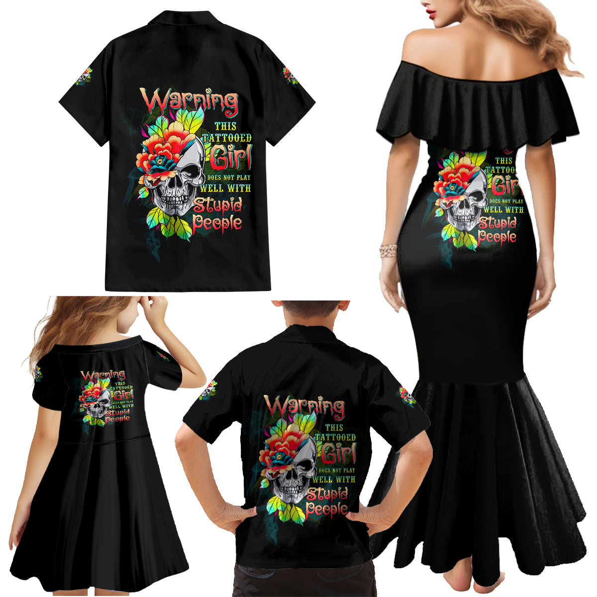 Warning This Tattooed Girl Flower Family Matching Mermaid Dress and Hawaiian Shirt - Wonder Print Shop