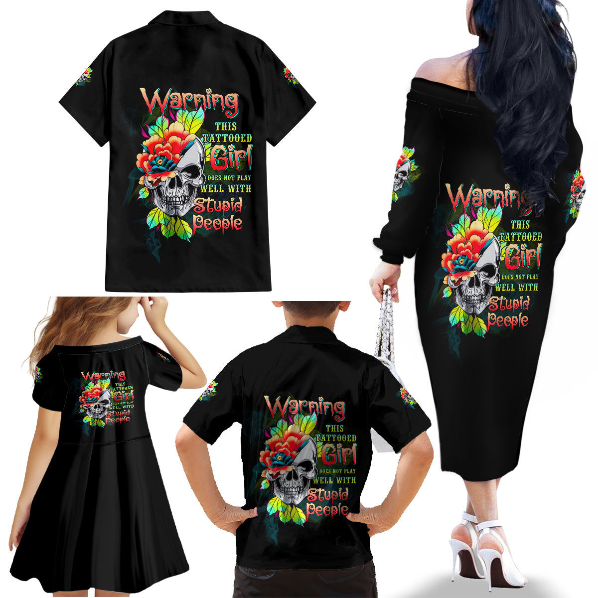 Warning This Tattooed Girl Flower Family Matching Off Shoulder Long Sleeve Dress and Hawaiian Shirt - Wonder Print Shop