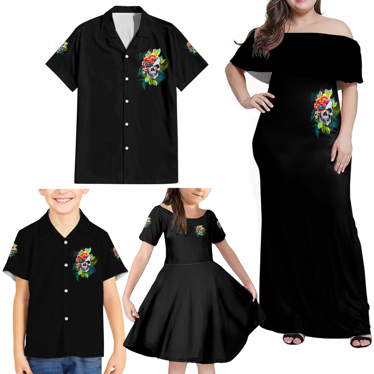 Warning This Tattooed Girl Flower Family Matching Off Shoulder Maxi Dress and Hawaiian Shirt - Wonder Print Shop