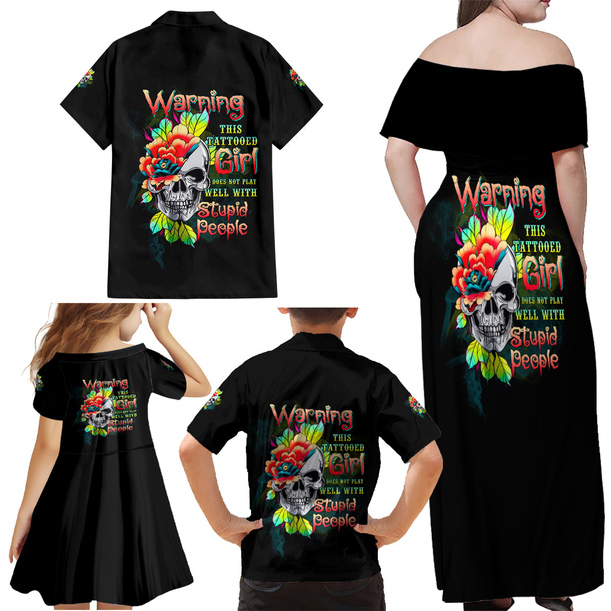 Warning This Tattooed Girl Flower Family Matching Off Shoulder Maxi Dress and Hawaiian Shirt - Wonder Print Shop