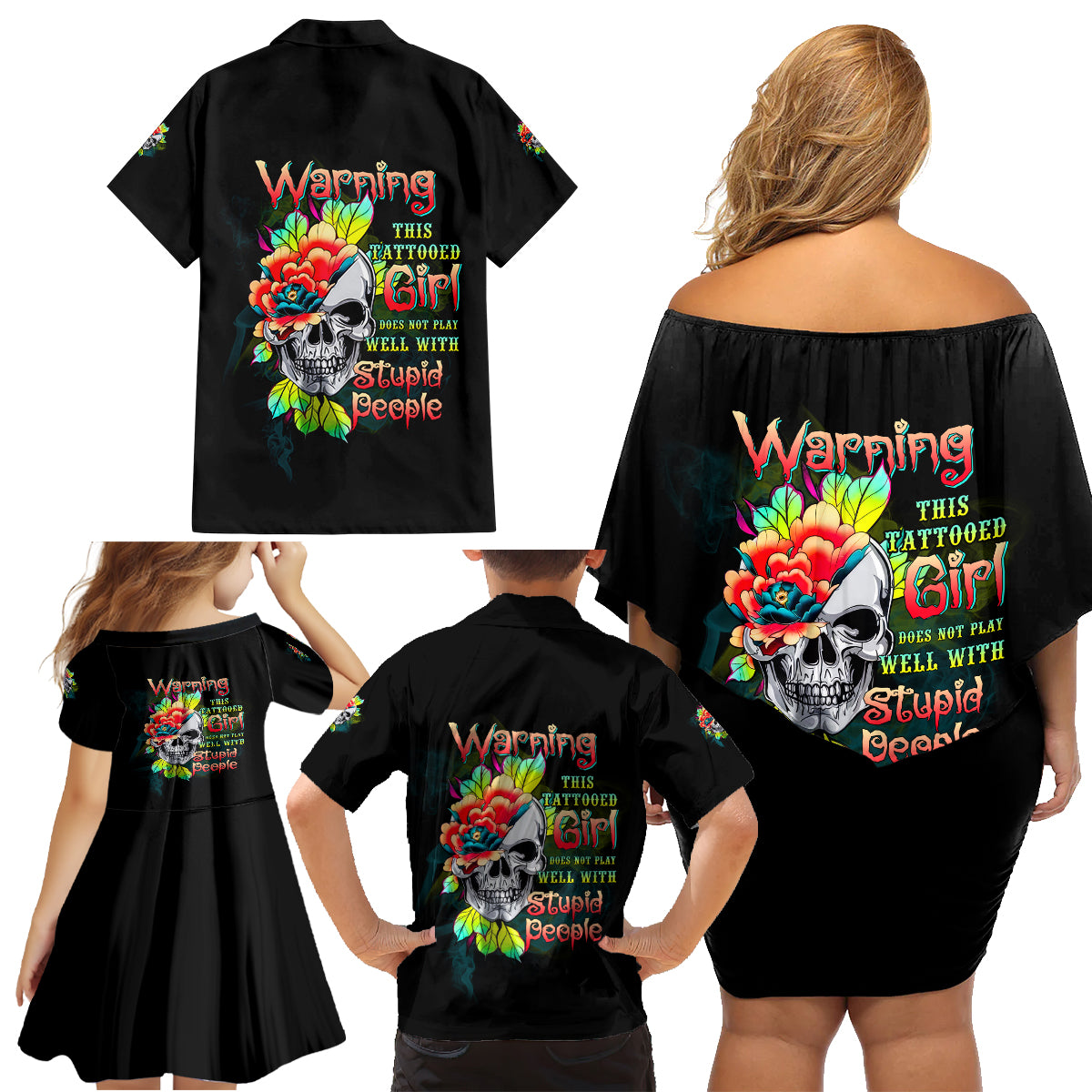 Warning This Tattooed Girl Flower Family Matching Off Shoulder Short Dress and Hawaiian Shirt - Wonder Print Shop