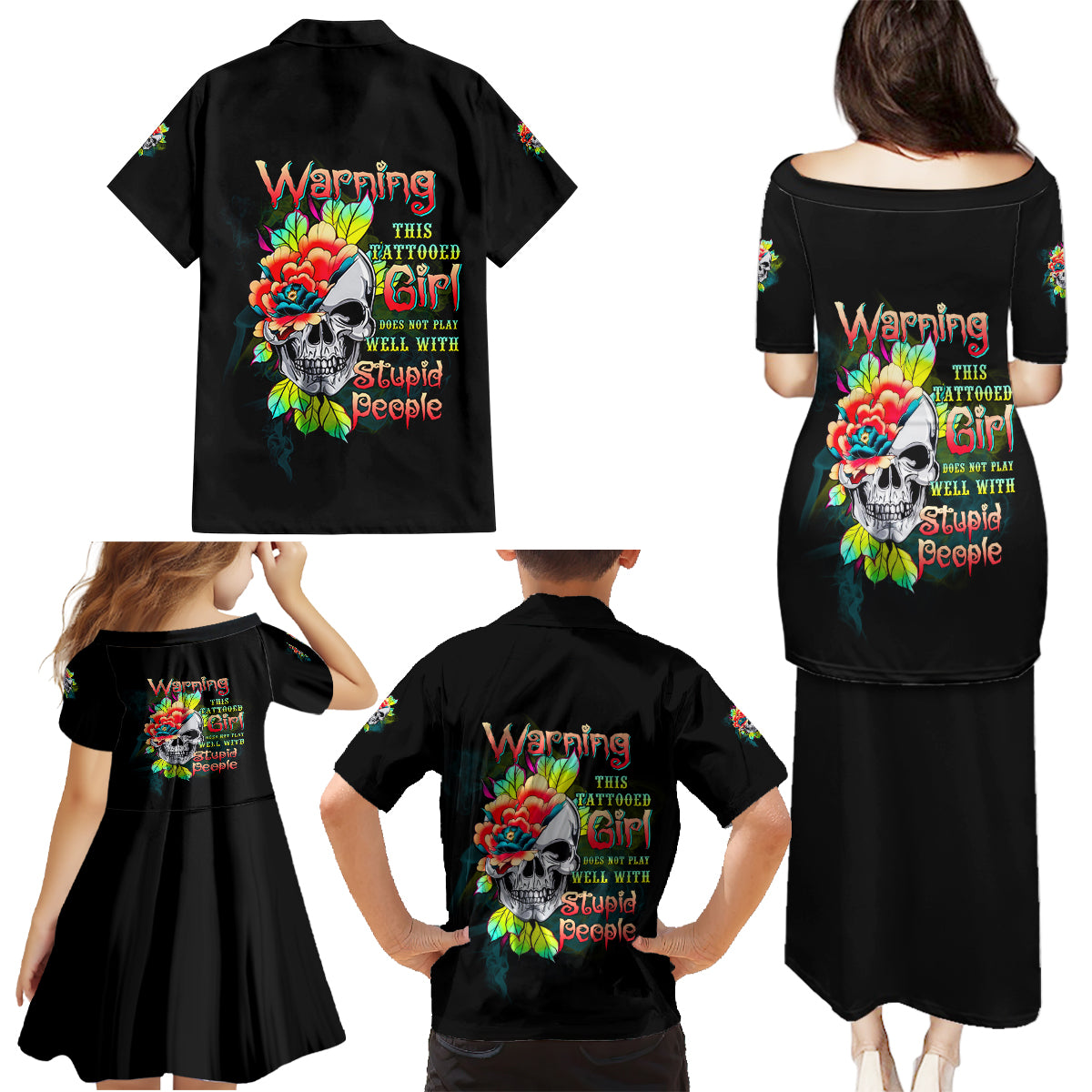 Warning This Tattooed Girl Flower Family Matching Puletasi Dress and Hawaiian Shirt - Wonder Print Shop