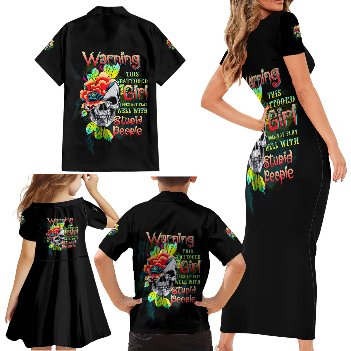 Warning This Tattooed Girl Flower Family Matching Short Sleeve Bodycon Dress and Hawaiian Shirt - Wonder Print Shop