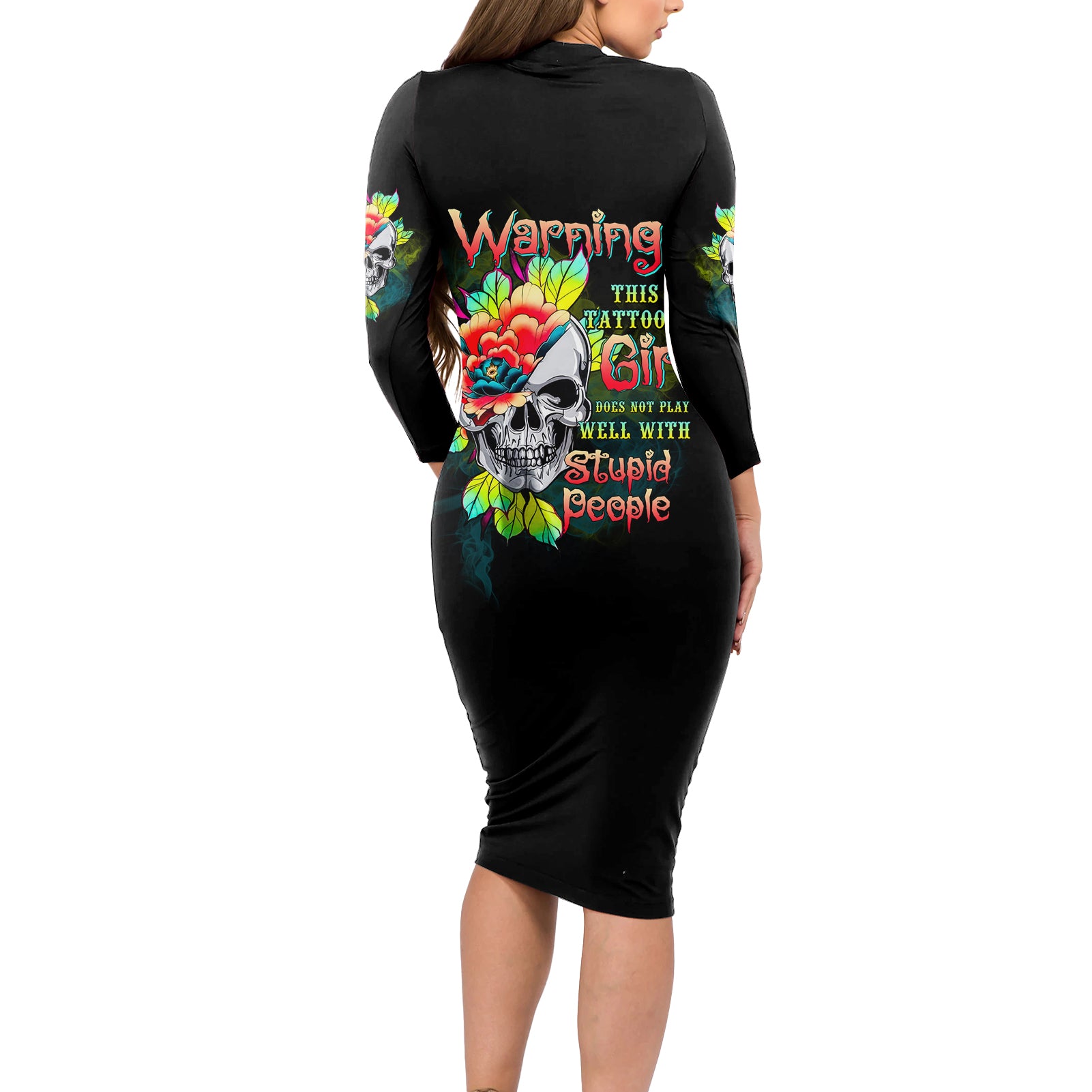 Warning This Tattooed Girl Flower Long Sleeve Bodycon Dress - Wonder Print Shop