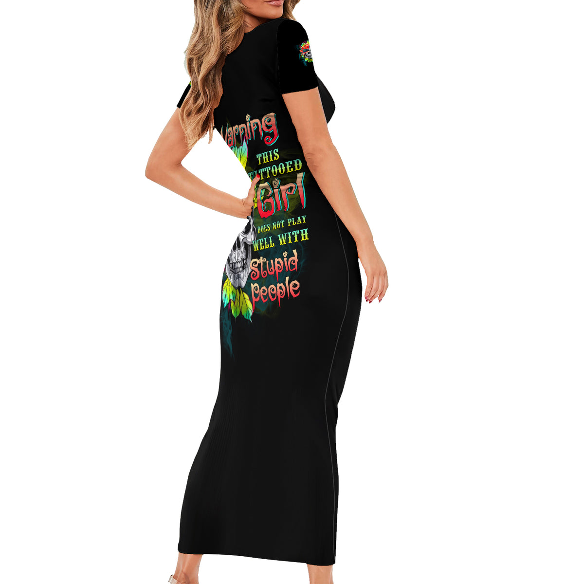 Warning This Tattooed Girl Flower Short Sleeve Bodycon Dress - Wonder Print Shop