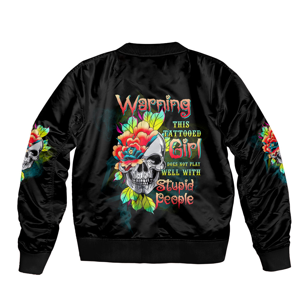 Warning This Tattooed Girl Flower Sleeve Zip Bomber Jacket - Wonder Print Shop