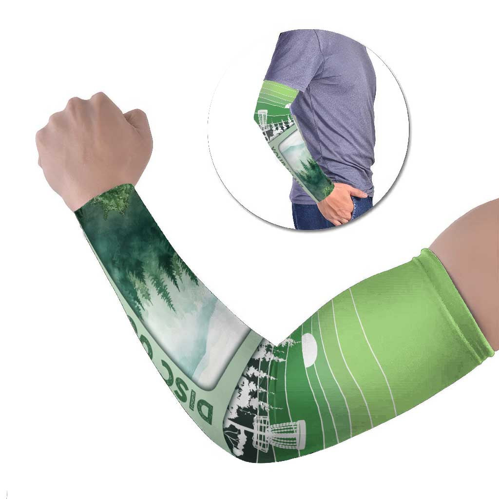 Custom Disc Golf Arm Sleeves with Forest Landscape Basket Silhouette - Wonder Print Shop