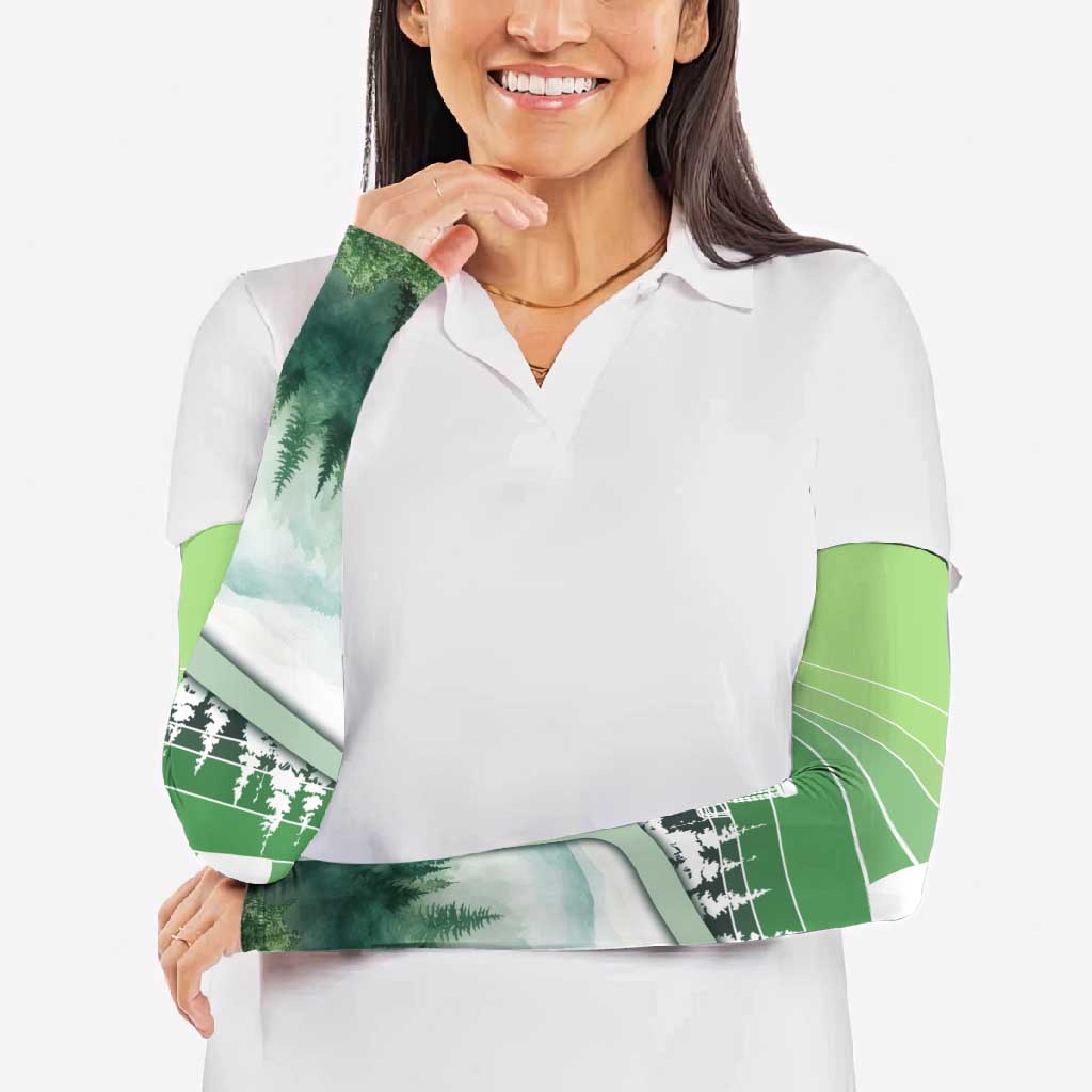 Custom Disc Golf Arm Sleeves with Forest Landscape Basket Silhouette - Wonder Print Shop