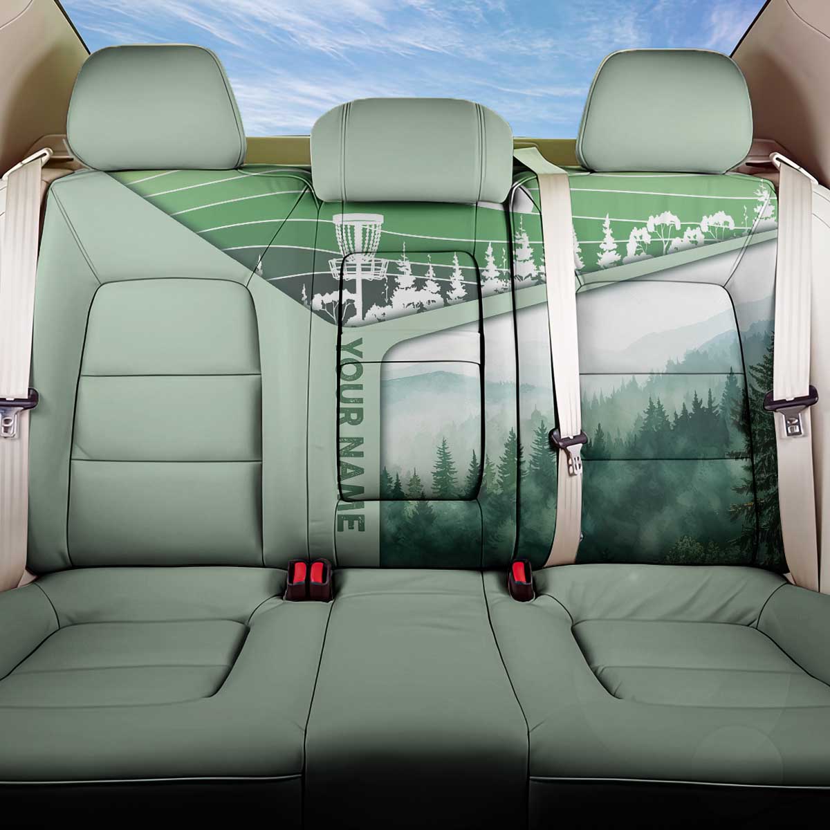 Custom Disc Golf Back Car Seat Cover with Forest Landscape Basket Silhouette - Wonder Print Shop