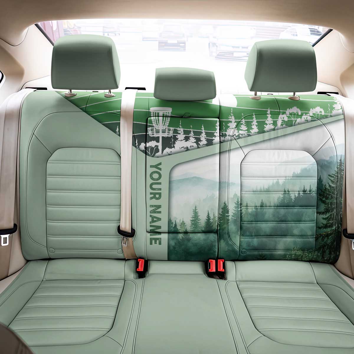 Custom Disc Golf Back Car Seat Cover with Forest Landscape Basket Silhouette - Wonder Print Shop