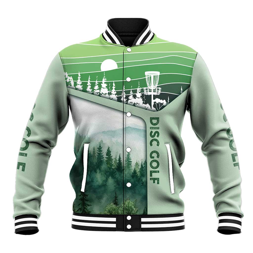 Custom Disc Golf Baseball Jacket with Forest Landscape Basket Silhouette - Wonder Print Shop