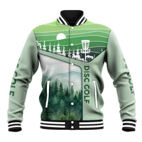 Custom Disc Golf Baseball Jacket with Forest Landscape Basket Silhouette - Wonder Print Shop