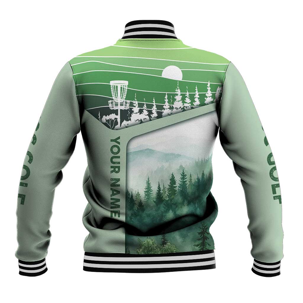 Custom Disc Golf Baseball Jacket with Forest Landscape Basket Silhouette - Wonder Print Shop