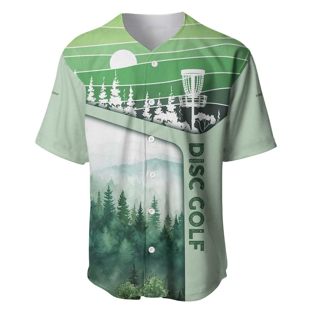 Custom Disc Golf Baseball Jersey with Forest Landscape Basket Silhouette - Wonder Print Shop
