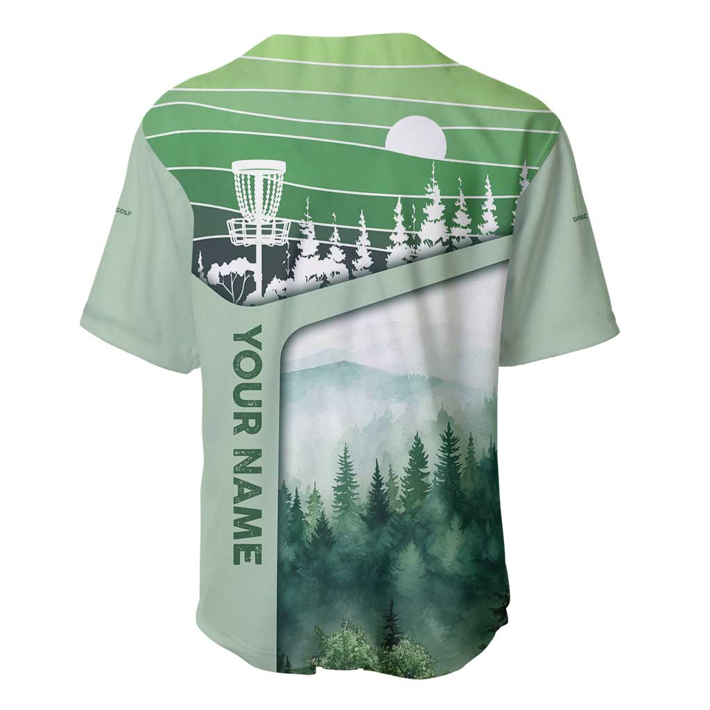 Custom Disc Golf Baseball Jersey with Forest Landscape Basket Silhouette - Wonder Print Shop