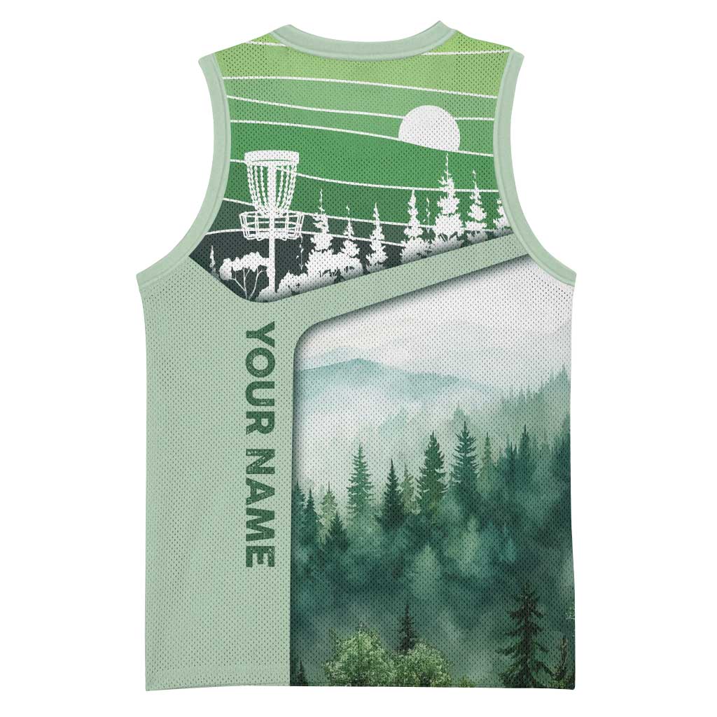 Custom Disc Golf Basketball Jersey with Forest Landscape Basket Silhouette - Wonder Print Shop
