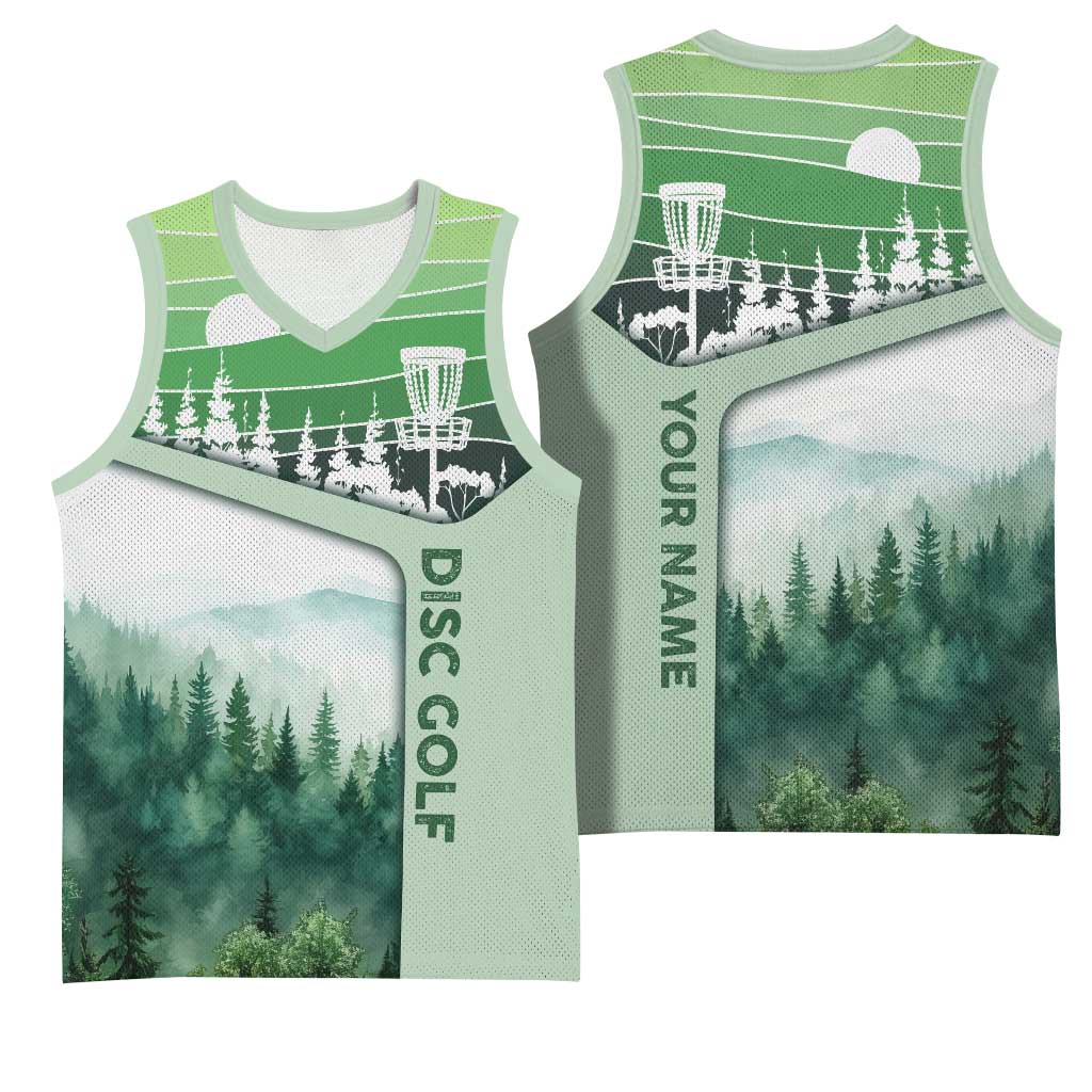 Custom Disc Golf Basketball Jersey with Forest Landscape Basket Silhouette - Wonder Print Shop