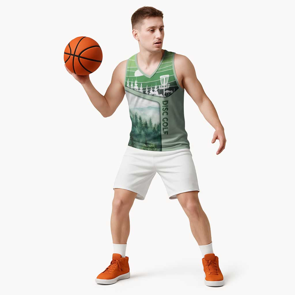Custom Disc Golf Basketball Jersey with Forest Landscape Basket Silhouette - Wonder Print Shop