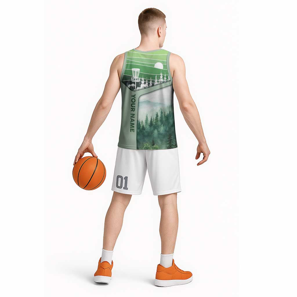 Custom Disc Golf Basketball Jersey with Forest Landscape Basket Silhouette - Wonder Print Shop