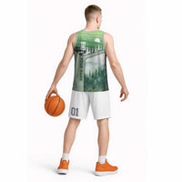 Custom Disc Golf Basketball Jersey with Forest Landscape Basket Silhouette - Wonder Print Shop
