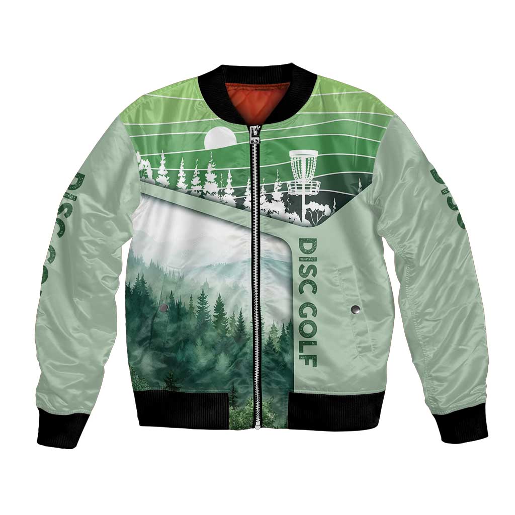 Custom Disc Golf Bomber Jacket with Forest Landscape Basket Silhouette - Wonder Print Shop