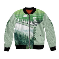 Custom Disc Golf Bomber Jacket with Forest Landscape Basket Silhouette - Wonder Print Shop