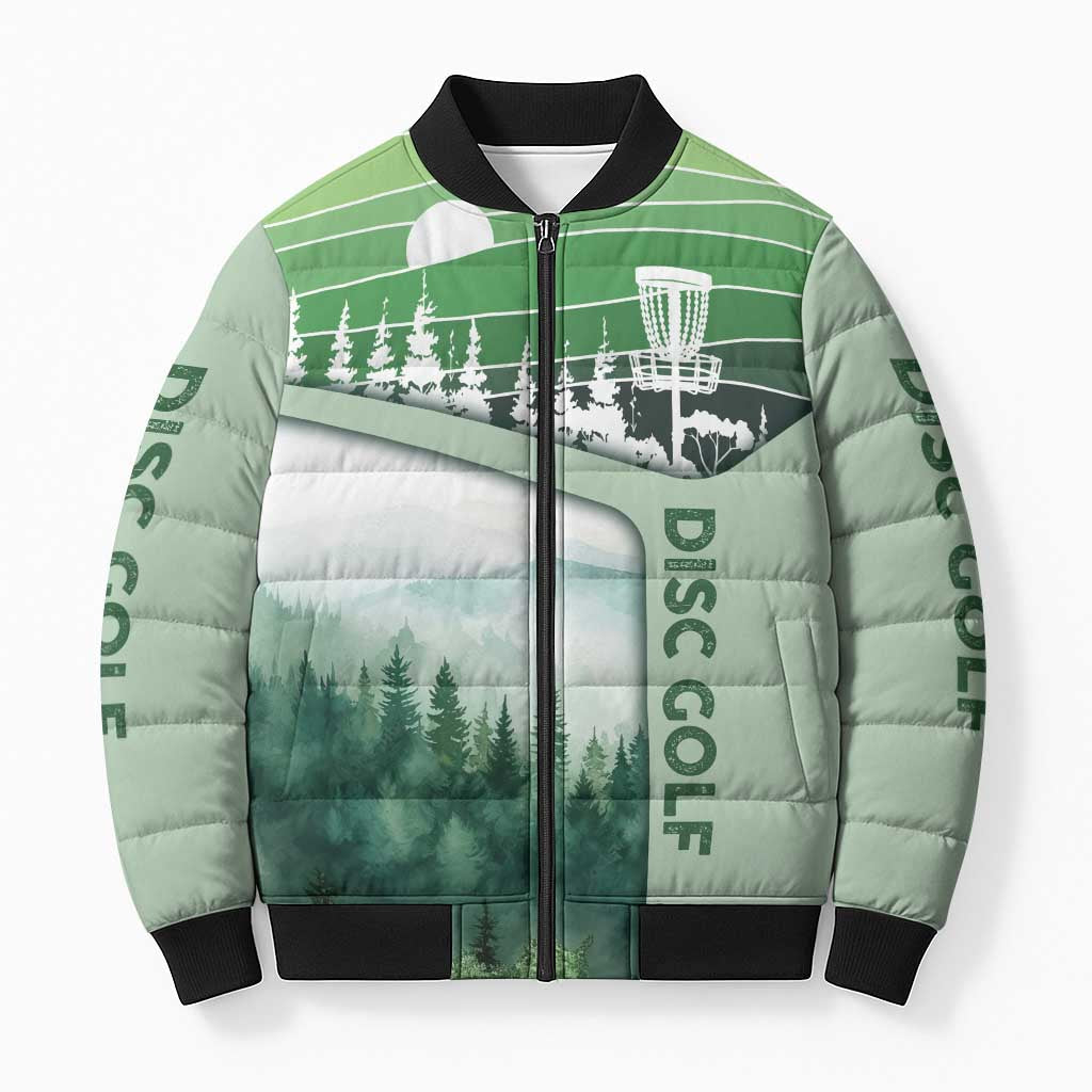 Custom Disc Golf Bomber Puffer Jacket with Forest Landscape Basket Silhouette - Wonder Print Shop