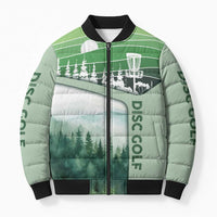 Custom Disc Golf Bomber Puffer Jacket with Forest Landscape Basket Silhouette - Wonder Print Shop